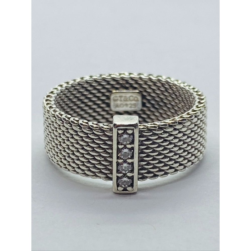Tiffany & Co Sterling Silver Diamond Mesh Somerset Wide Band Ring. Retired